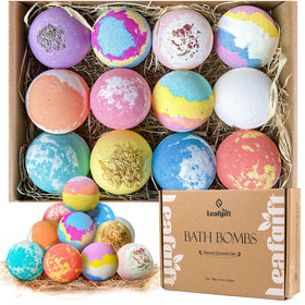 Leafgift bath bombs in a 12-fragrance set for a luxurious soak.