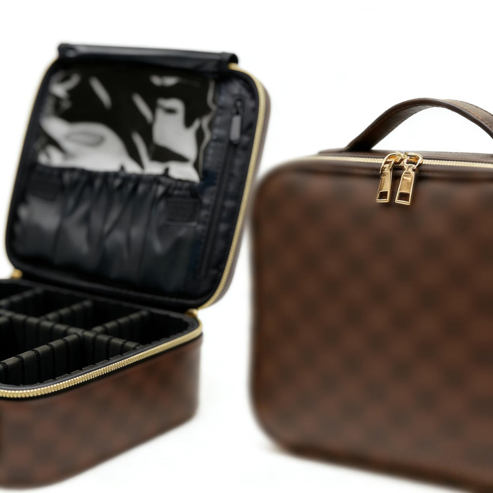 LEAFFUP checkered makeup bag with adjustable partition for organized travel storage