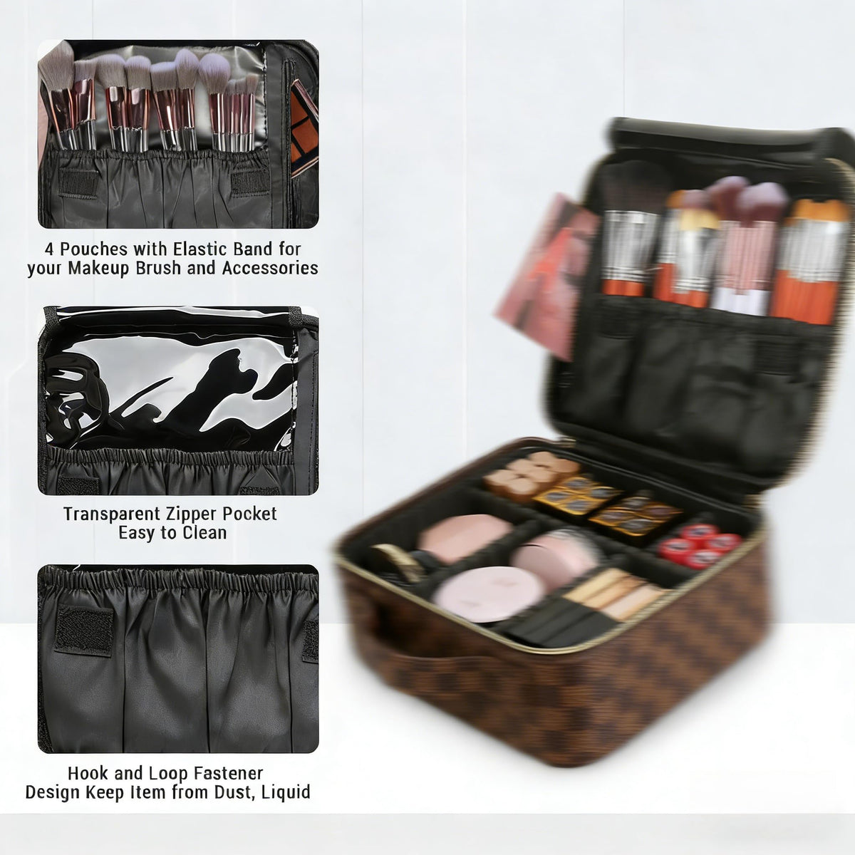 LEAFFUP checkered makeup bag featuring brush slots for easy access during routines