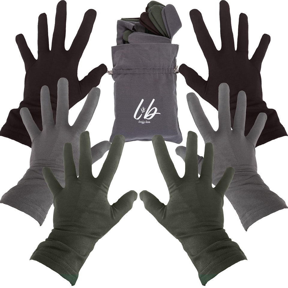 Leafy Boo bamboo gloves worn overnight for eczema-prone hands.