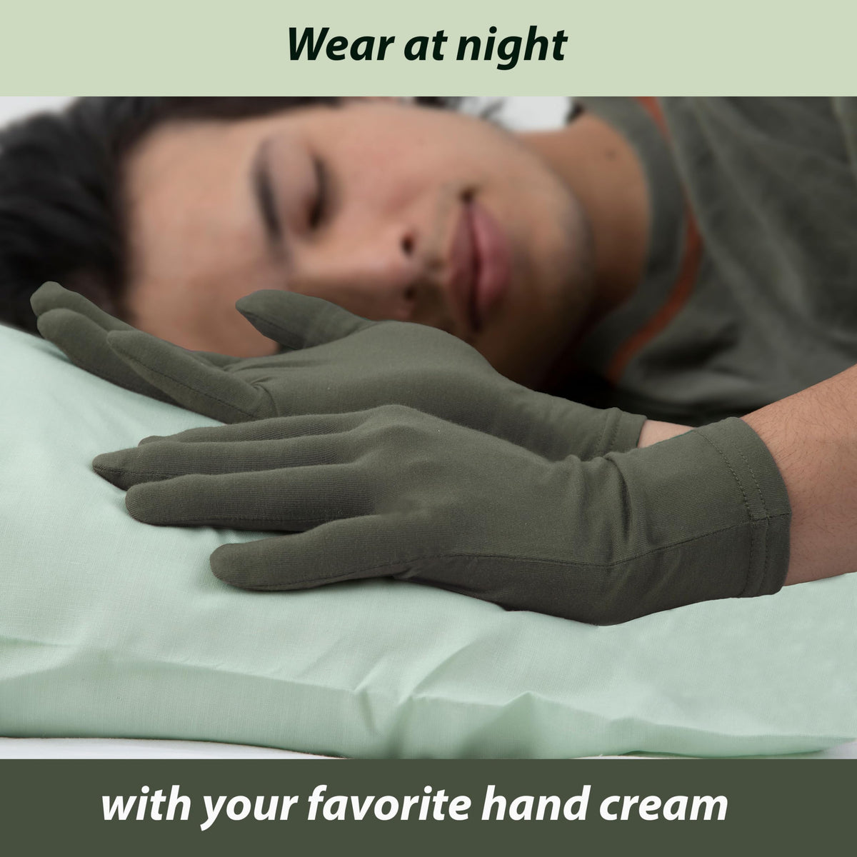 Person wearing Leafy Boo gloves for both women and men.