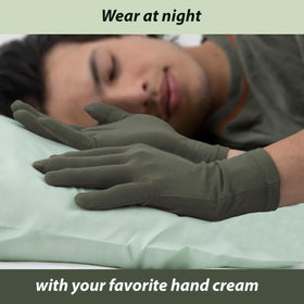 Person wearing Leafy Boo gloves for both women and men.