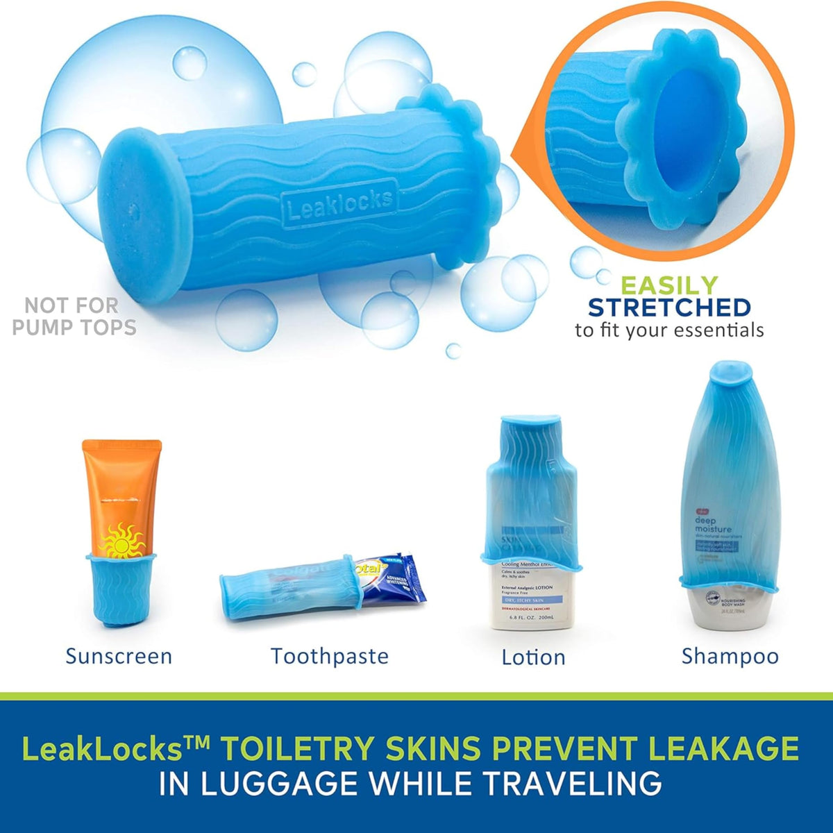 LeakLocks Toiletry Skins durable sleeve shields cosmetics during air, train, or road travel.