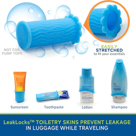 LeakLocks Toiletry Skins durable sleeve shields cosmetics during air, train, or road travel.