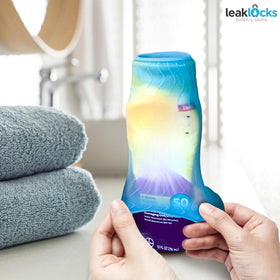 LeakLocks Toiletry Skins leak-proof bottle cover keeps cosmetics organized in transit.