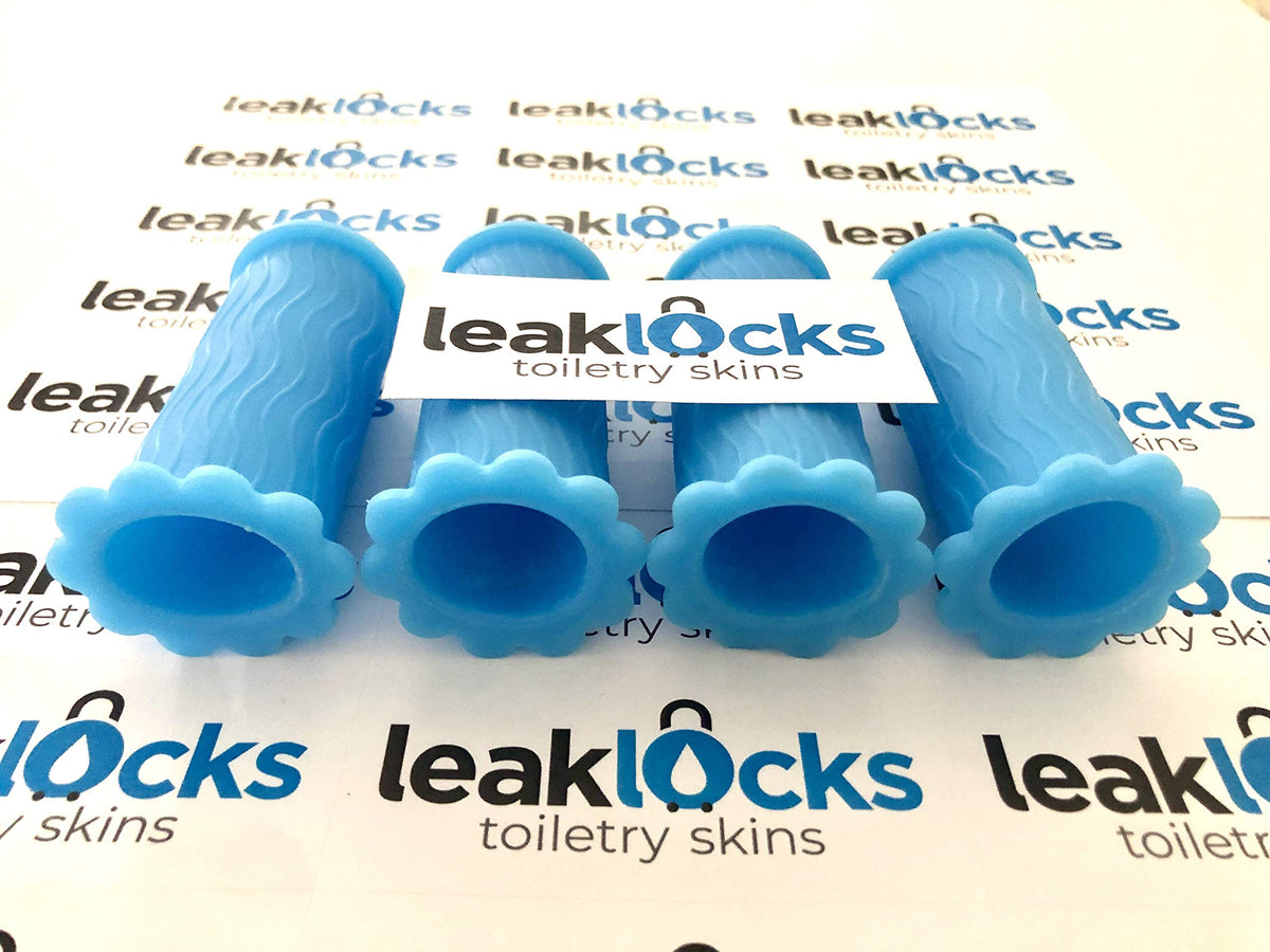 LeakLocks Toiletry Skins shampoo bottle sleeve keeps bags clean and tidy.