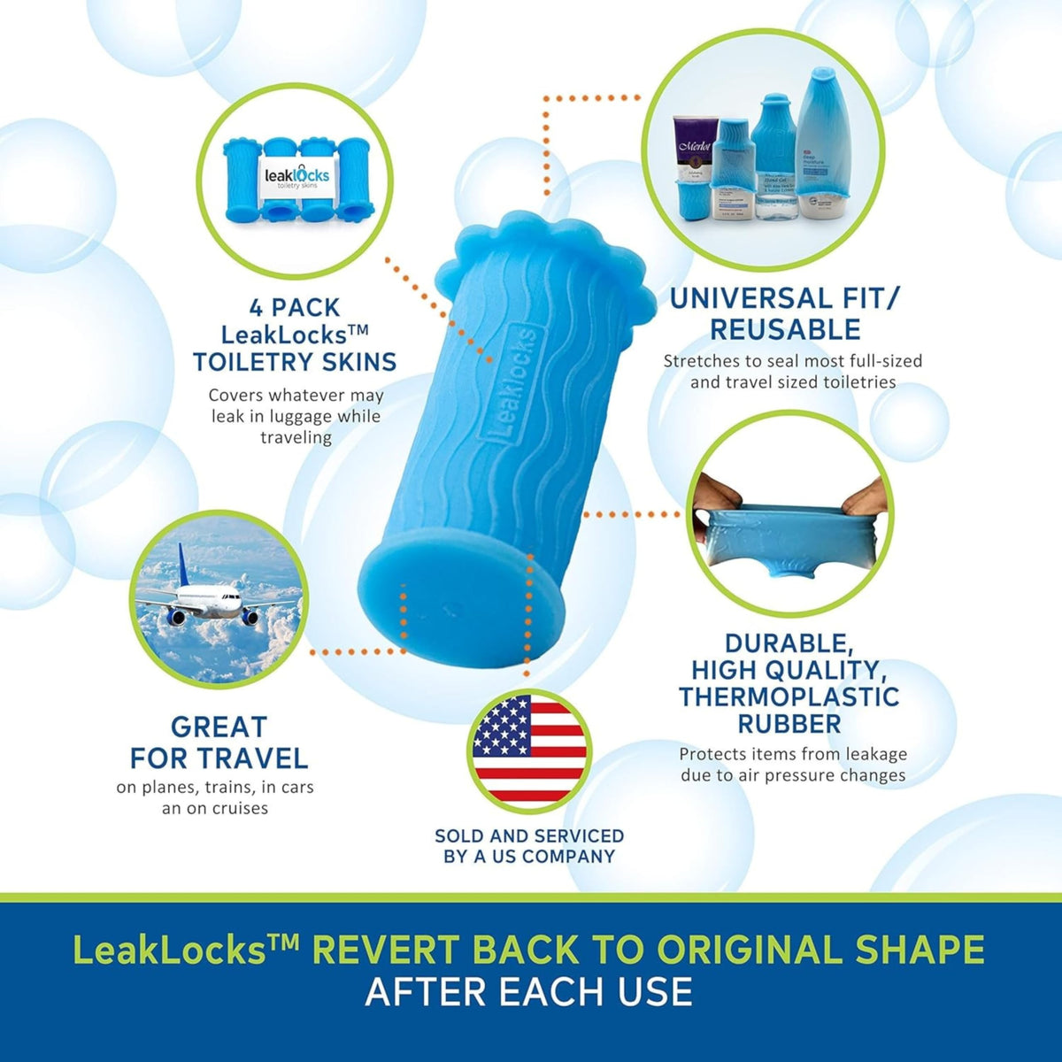 LeakLocks Toiletry Skins durable sleeve protects belongings during transit.