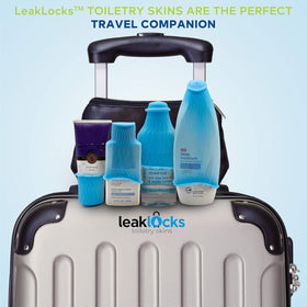 LeakLocks Toiletry Skins travel bottle sleeve fits standard and travel sizes.