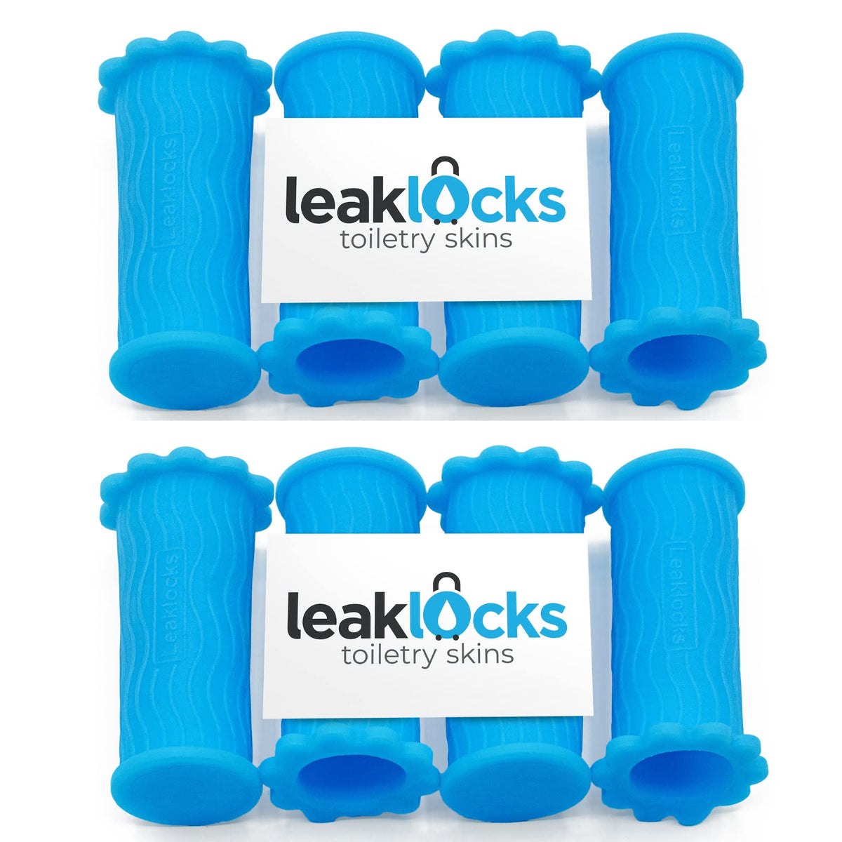 LeakLocks Toiletry Skins universal-fit sleeve protecting travel bottles in luggage.