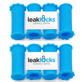 LeakLocks Toiletry Skins universal-fit sleeve protecting travel bottles in luggage.