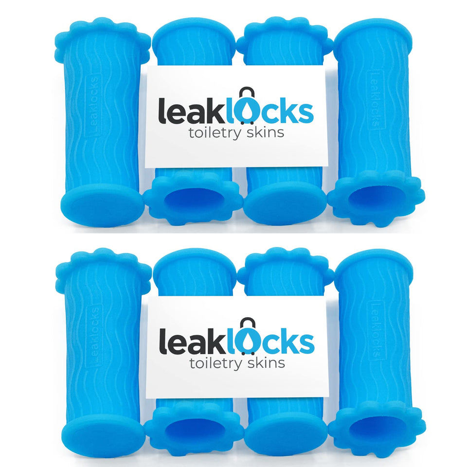 LeakLocks Toiletry Skins universal-fit sleeve protecting travel bottles in luggage.