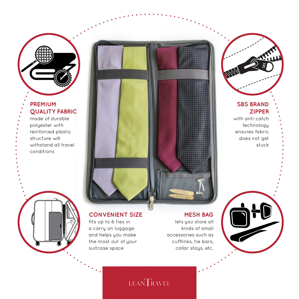LeanTravel tie-case organizer with zipper closure ensures easy access and secure storage
