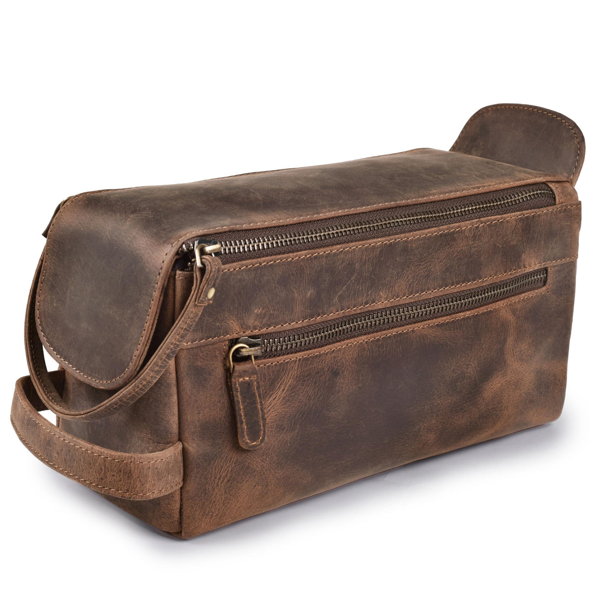 Leather & Latch full-grain leather toiletry bag walnut brown keeps grooming items organized.