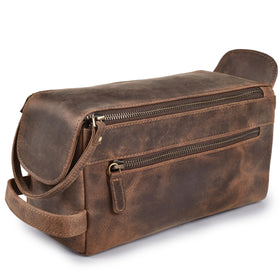 Leather & Latch full-grain leather toiletry bag walnut brown keeps grooming items organized.