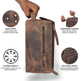 Leather & Latch spacious compartments aid organizing toiletries and cosmetics.