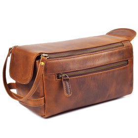 Leather & Latch full-grain toiletry kit exterior pocket keeps essentials accessible on the go.