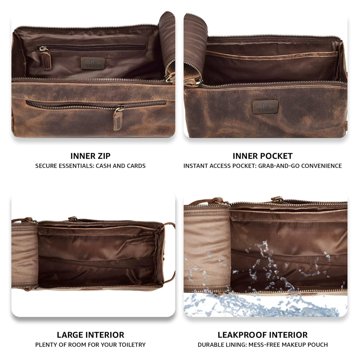Leather & Latch interior water-resistant lining protects contents during travel.