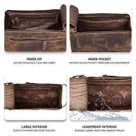 Leather & Latch interior water-resistant lining protects contents during travel.