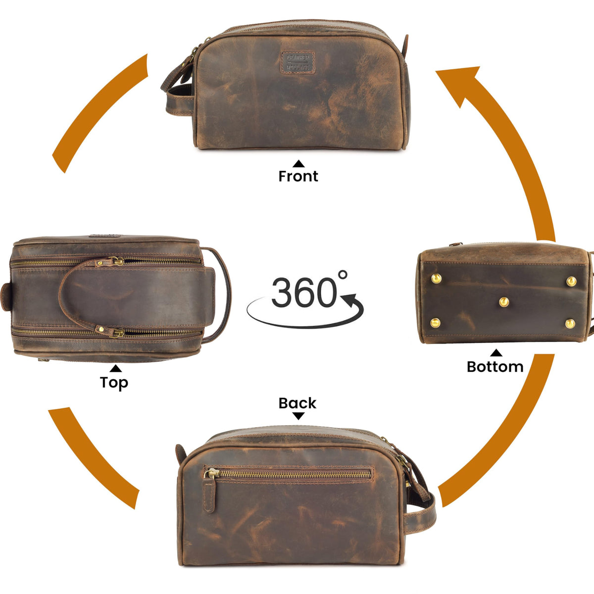 Leather Village Compact 10x6x6 inch size fits toiletries and gadgets neatly.