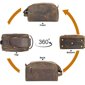 Leather Village Compact 10x6x6 inch size fits toiletries and gadgets neatly.