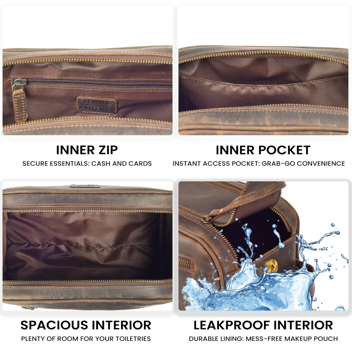 Leather Village Durable YKK zipper closure adds secure, smooth access to grooming gear.