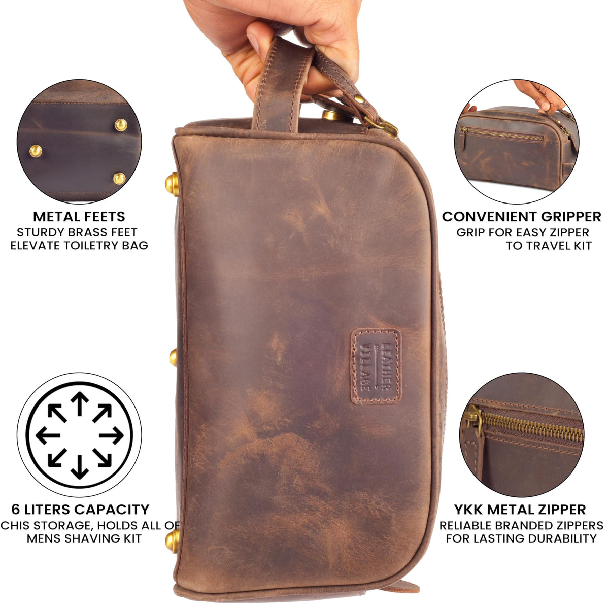 Leather Village Full-grain buffalo leather travel essentials bag designed to keep shaving items organized.