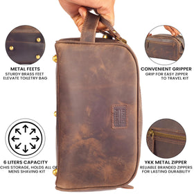 Leather Village Full-grain buffalo leather travel essentials bag designed to keep shaving items organized.