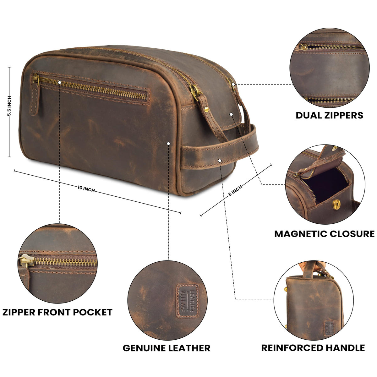 Leather Village King-size Dopp Kit in full-grain buffalo leather for upscale grooming on the go.