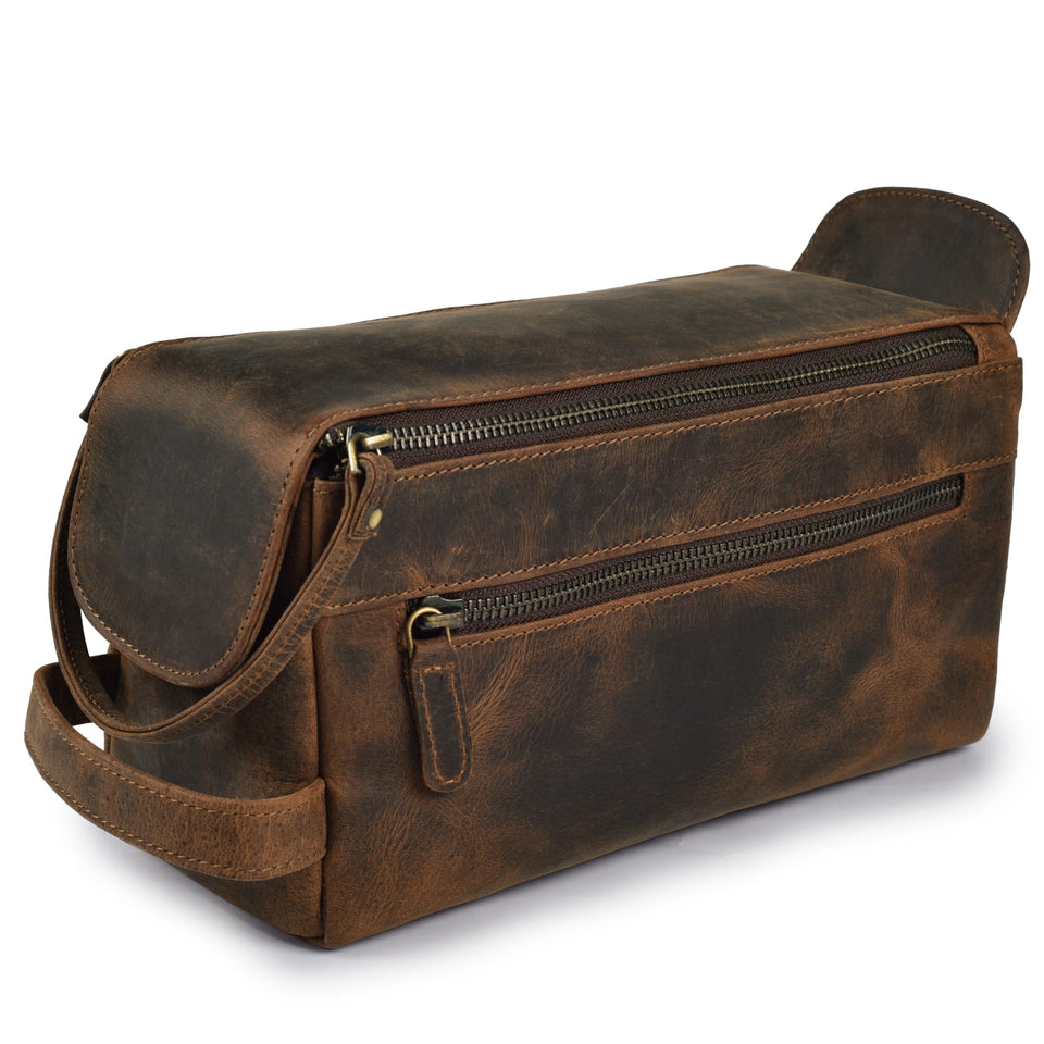 LEATHER VILLAGE Travel Toiletry Bag front view showing compact organization for trips