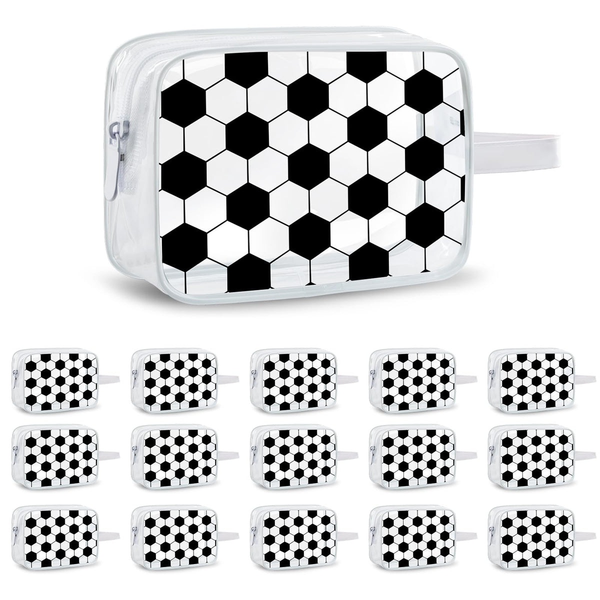 Lebaley 16pcs soccer clear PVC bag set, ideal for on-the-go organization and gifting.