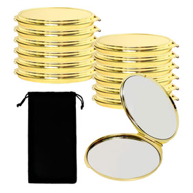 LECEHIVO gold compact mirror closed with storage bag for travel.