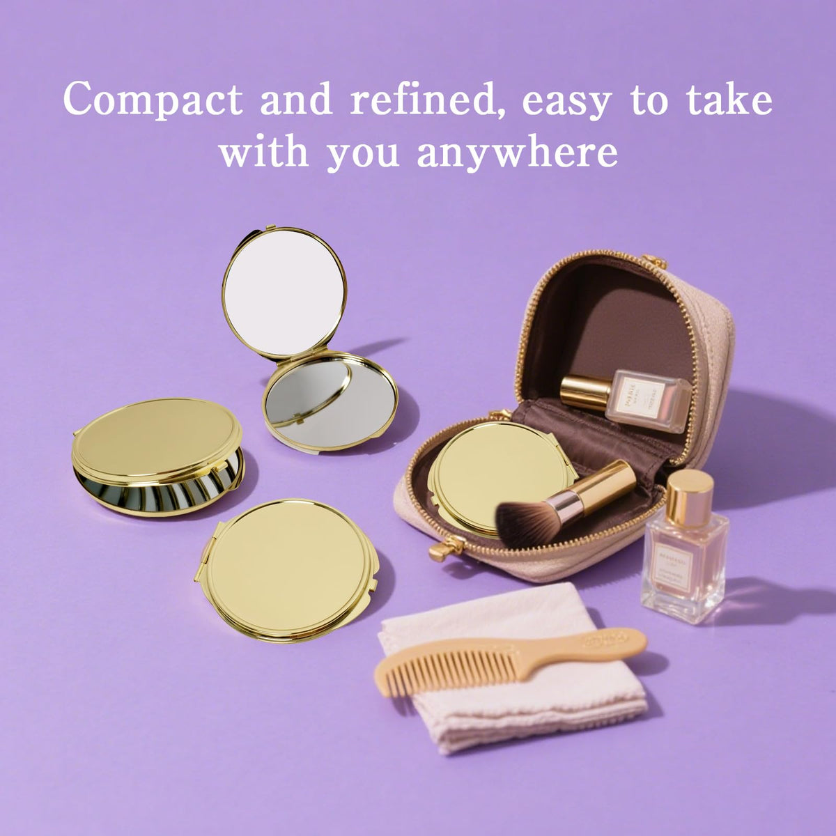 LECEHIVO gold compact mirror close-up highlighting clear reflection.