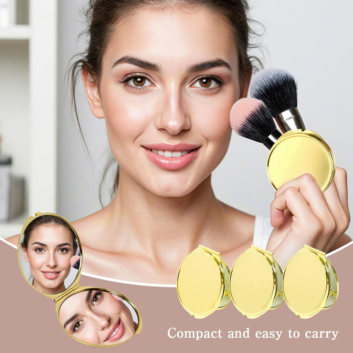 LECEHIVO gold compact mirror in hand for on-the-go touch-ups.