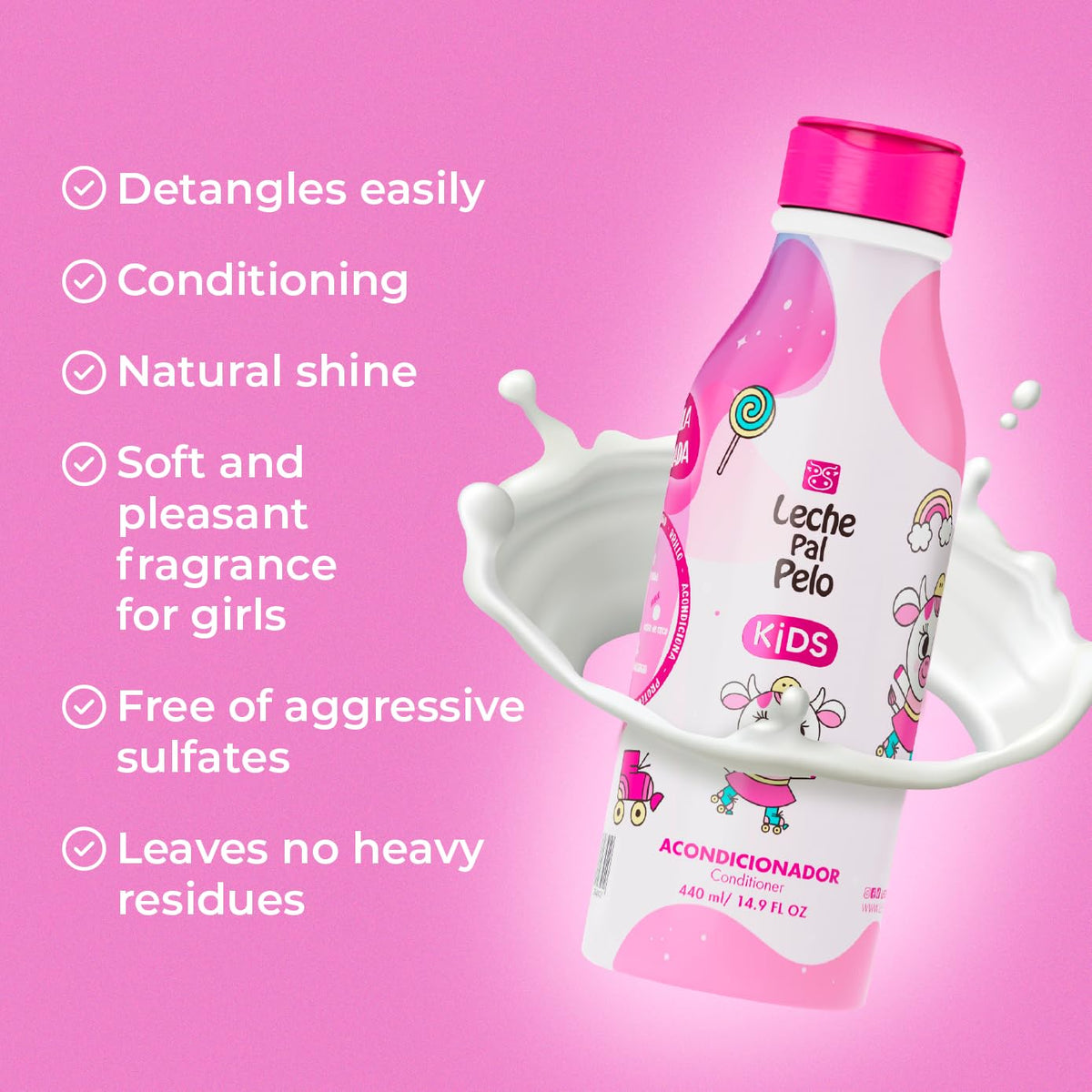 Leche Pal Pelo Kids conditioner bottle with coconut and jojoba oils nourishes hair