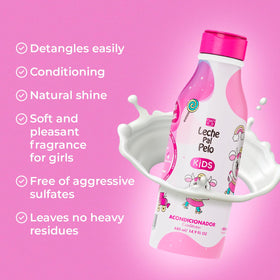 Leche Pal Pelo Kids conditioner bottle with coconut and jojoba oils nourishes hair