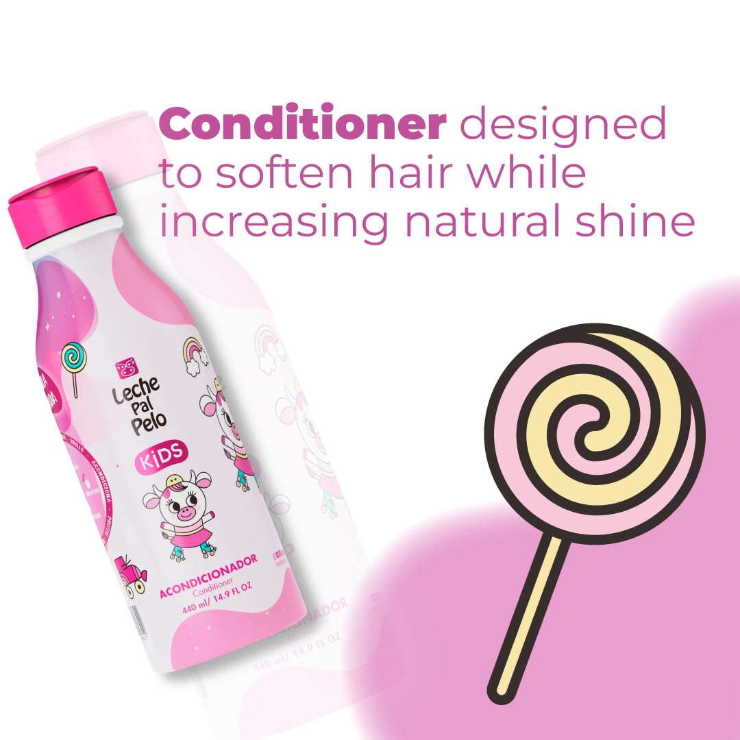 Leche Pal Pelo Kids conditioner vitamin E close-up shows nourishing formula