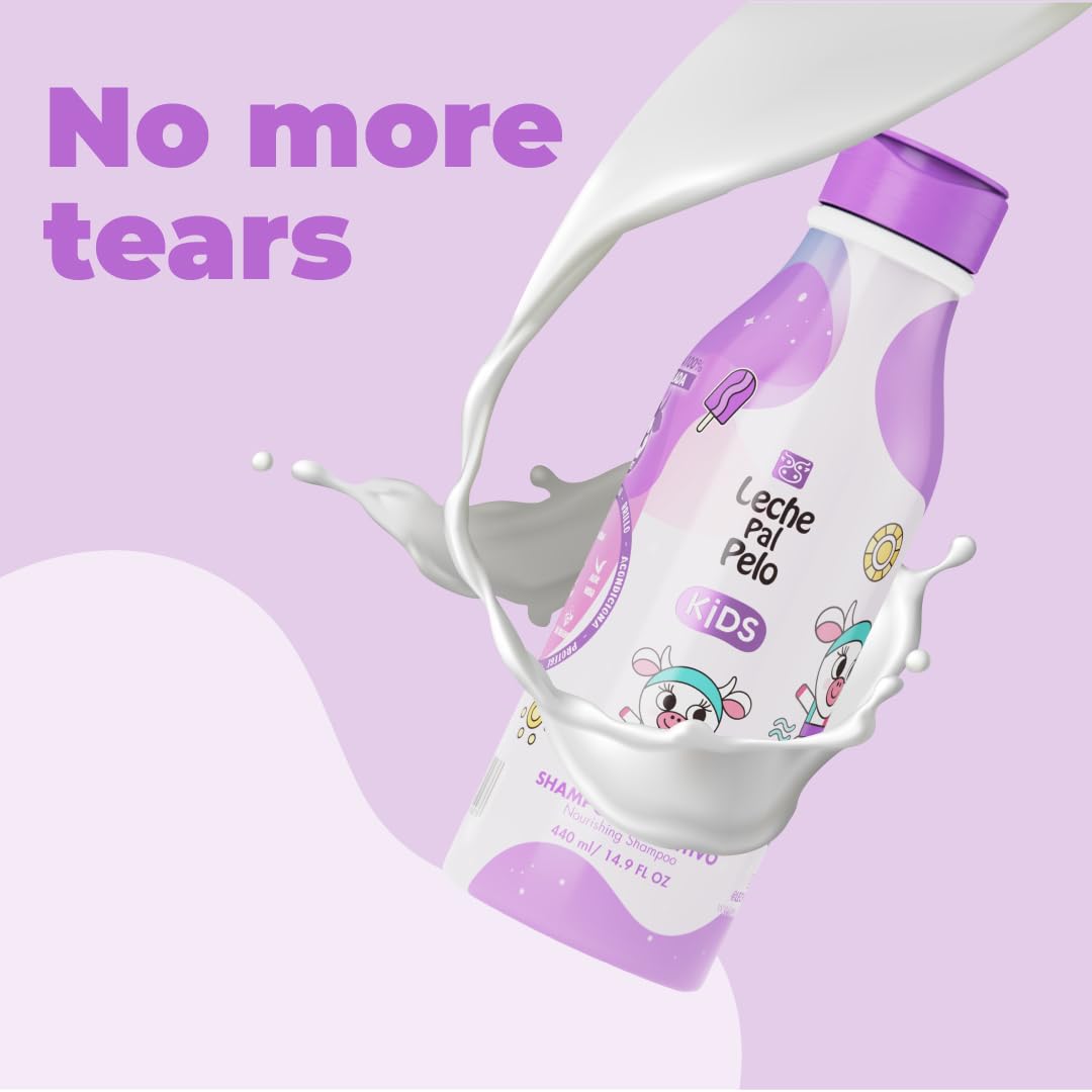 Leche Pal Pelo Kids Nourishing Shampoo on a shelf in a family bathroom