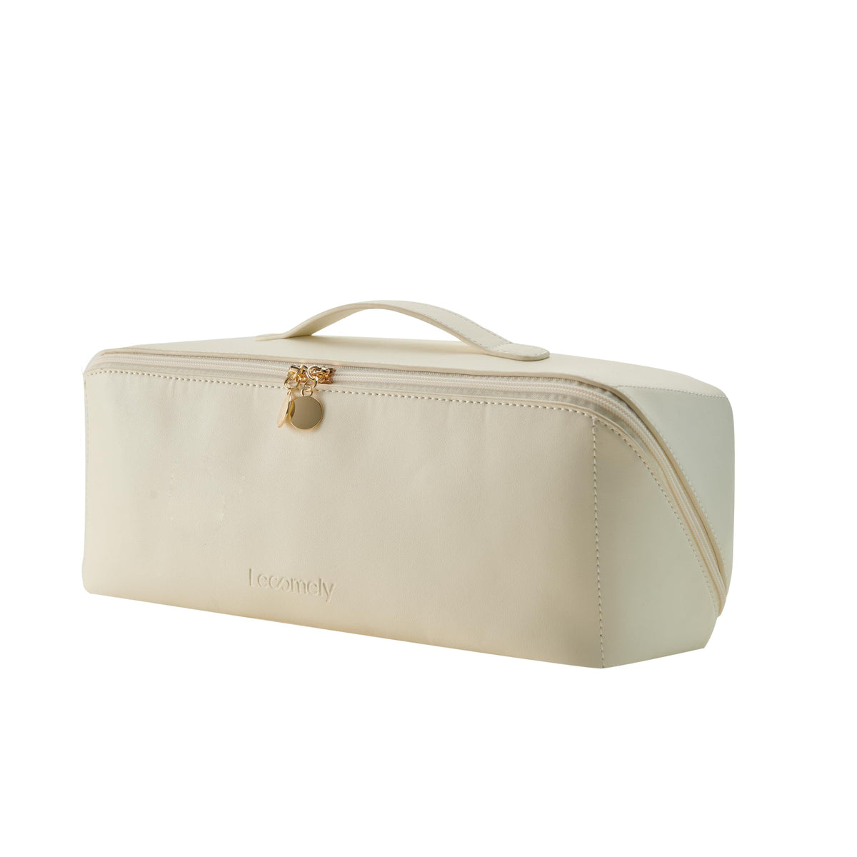 Lecomely travel hair-styler bag in luxury leather keeps brushes organized on the go.