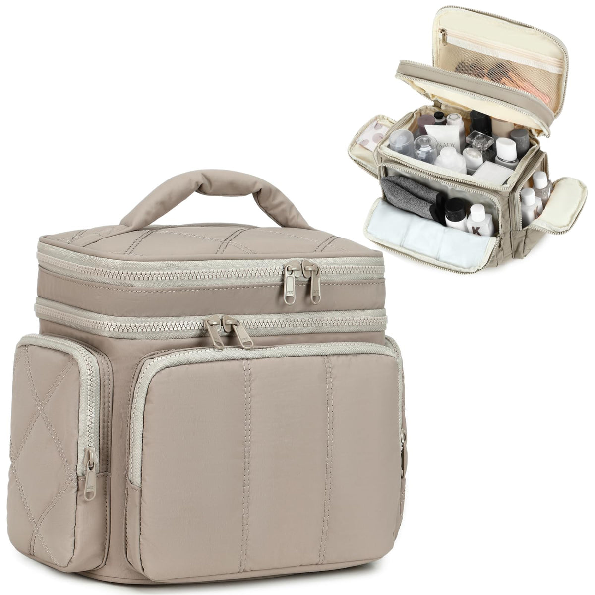 LEDAOU travel toiletry bag double-deck keeps cosmetics organized on trips.