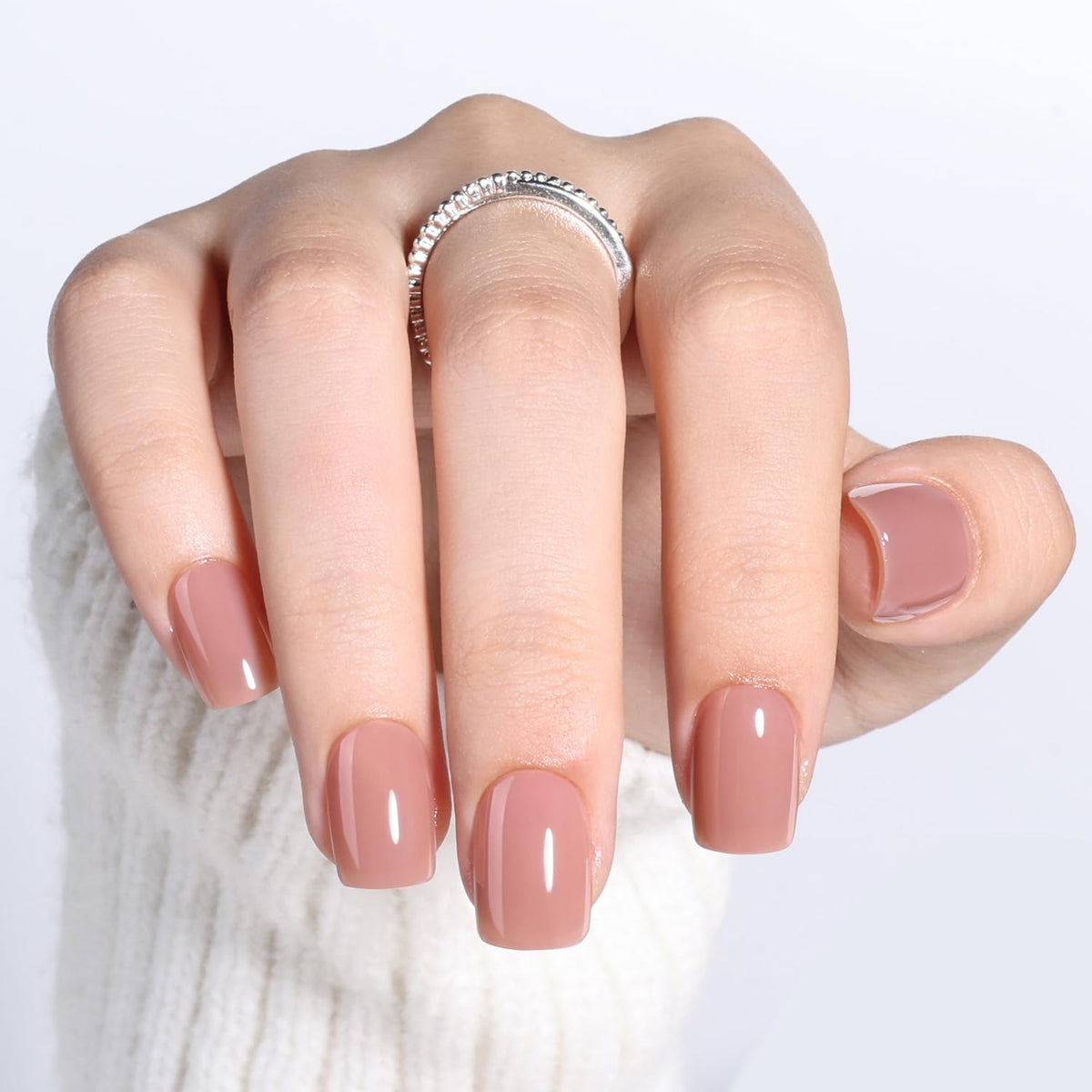 Leefrei Soft Mocha Nude nails applied with glue last 7–10 days.