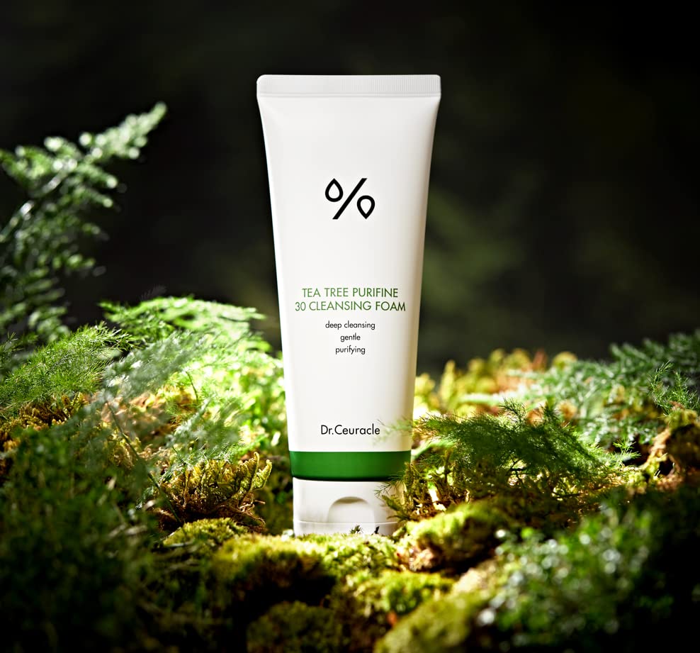Leegeehaam Tea Tree Purifine Cleansing Foam pump dispenser showing fine bubbles for gentle cleansing