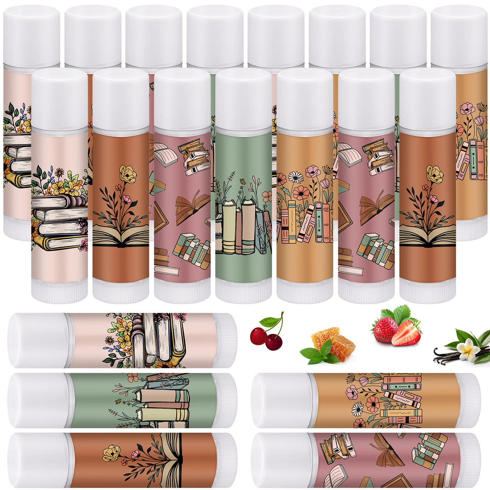 Leelosp 15-pack bookish lip balms set, ideal for gifting to readers.