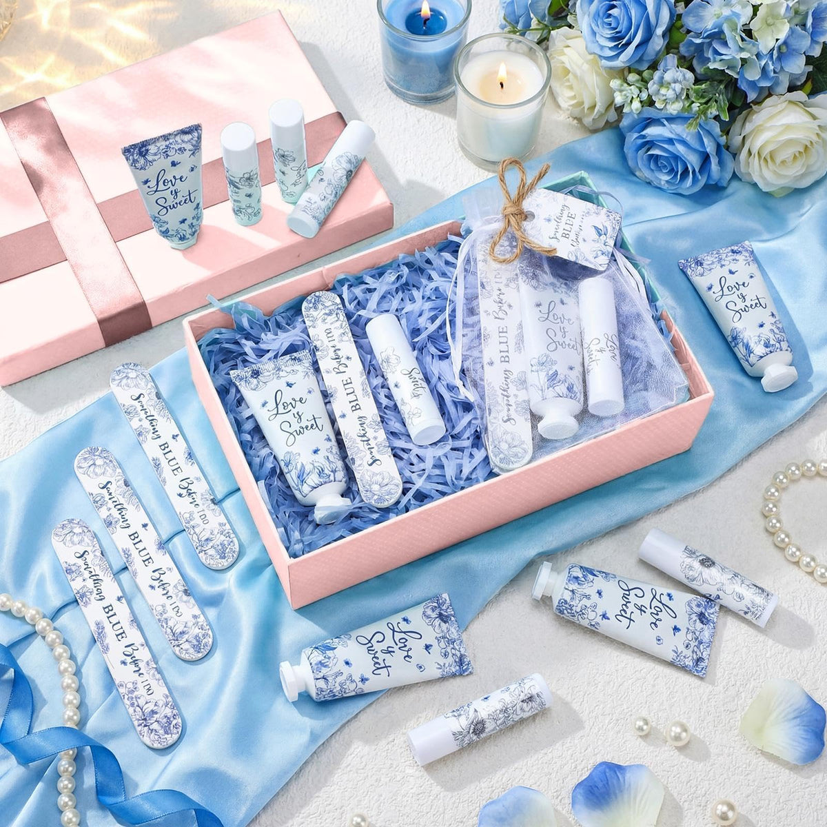 Leelosp Something Blue hand cream with blue floral design for bridal decor