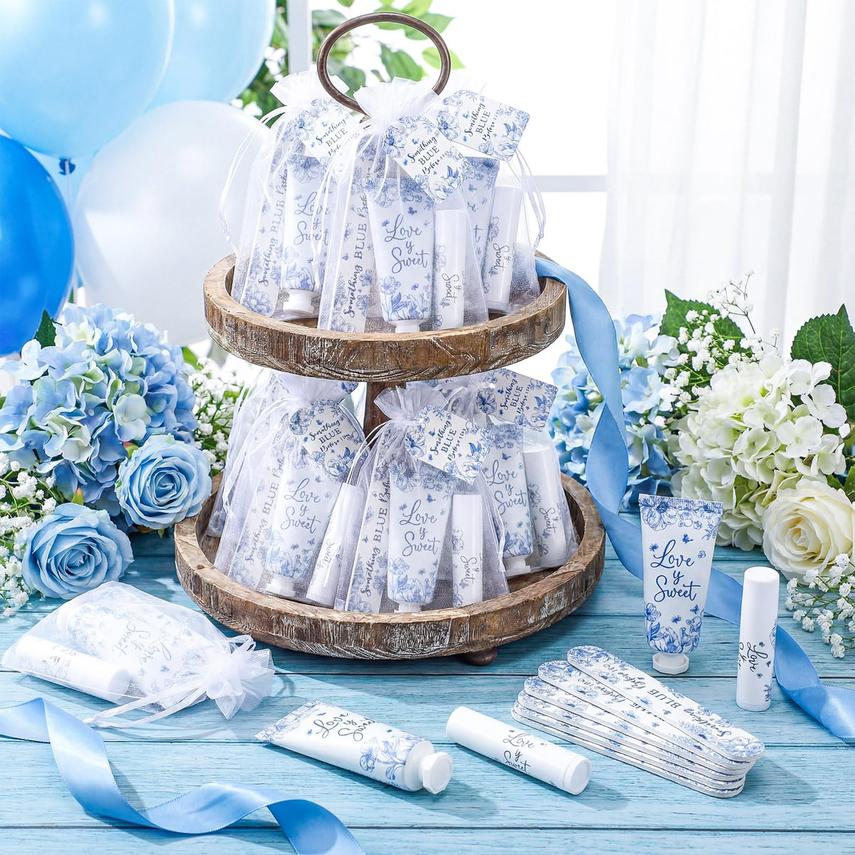 Leelosp Something Blue lip balm with blue floral label for guest favors