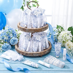 Leelosp Something Blue lip balm with blue floral label for guest favors