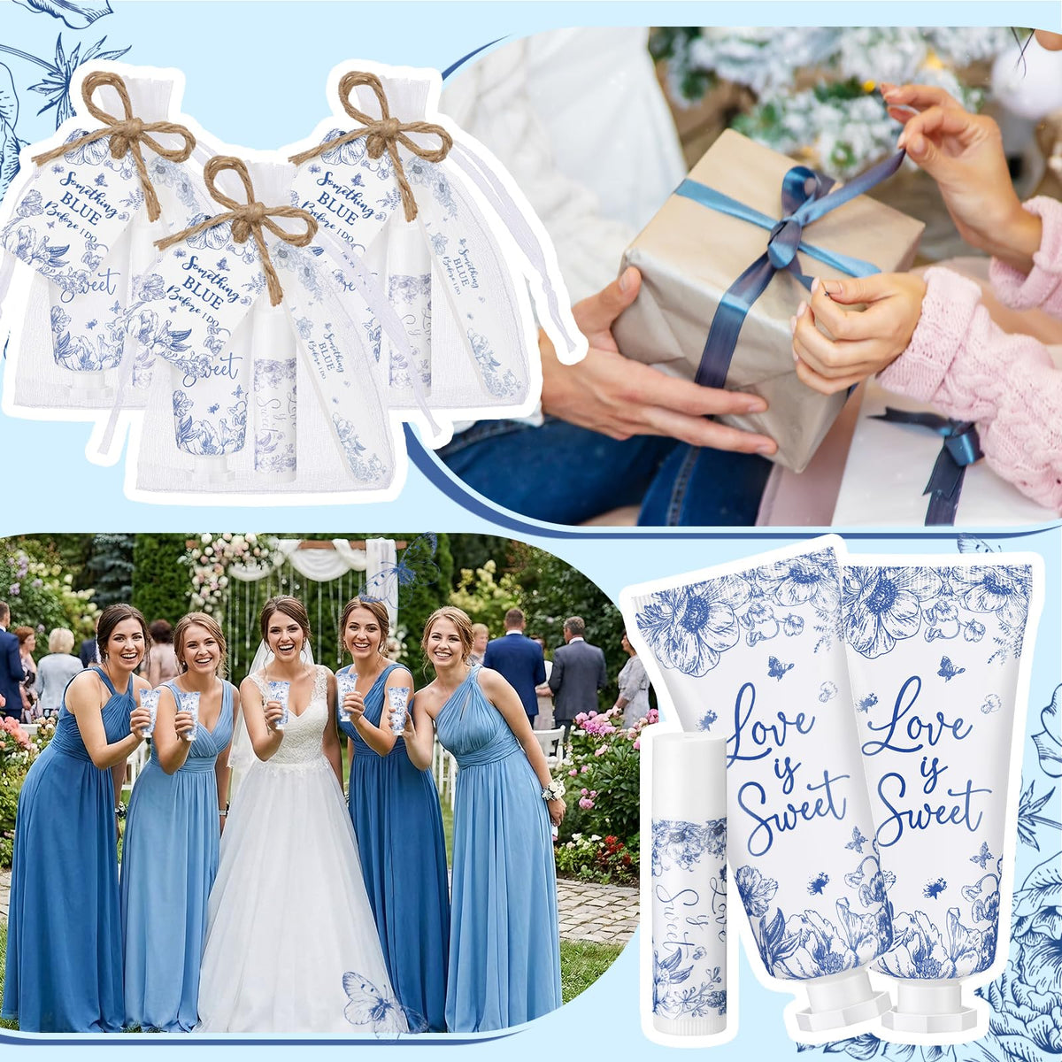 Leelosp bridal shower favors display showing cohesive blue theme