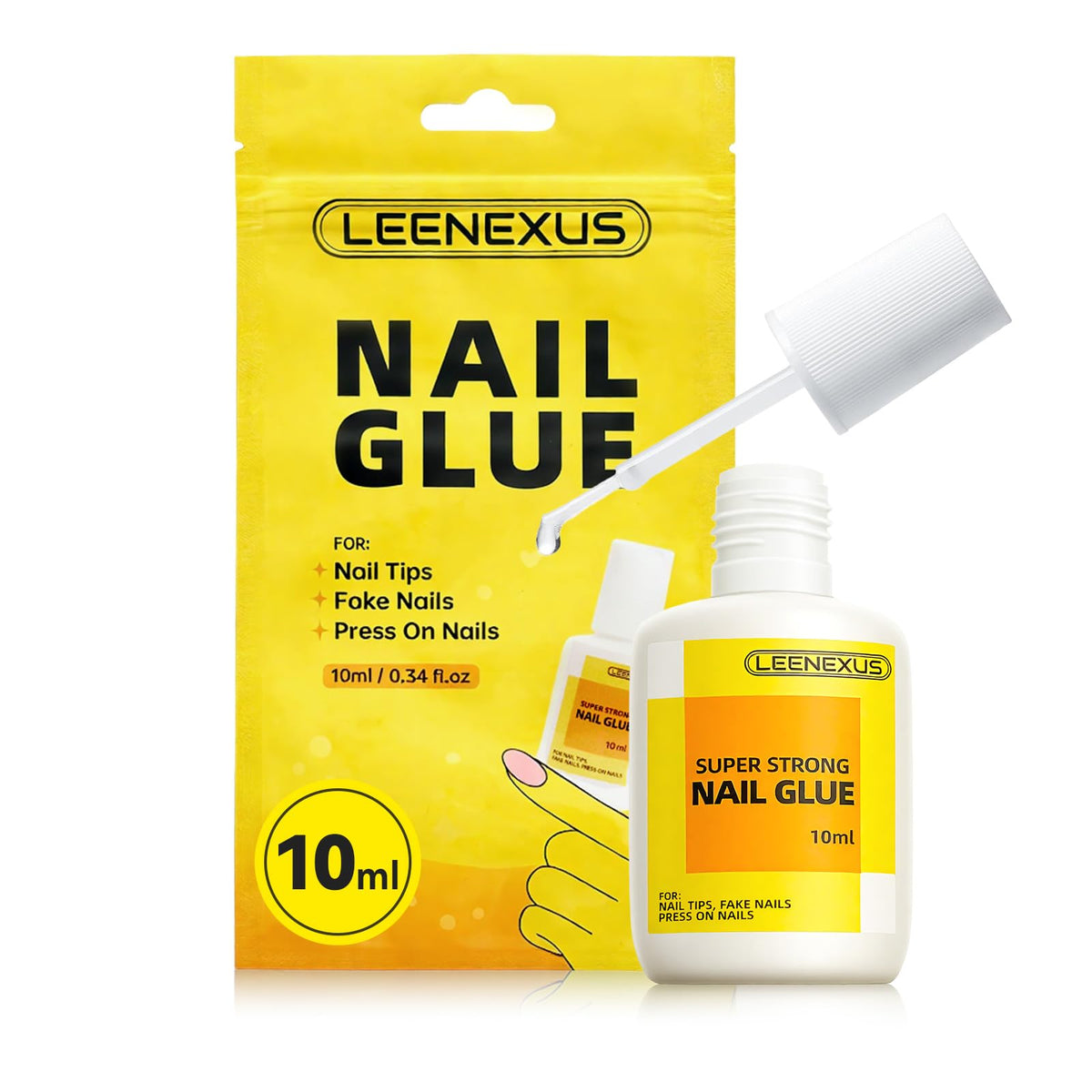 LEENEXUS Super Strong Brush-On Nail Glue bottle for durable, long-lasting nails.