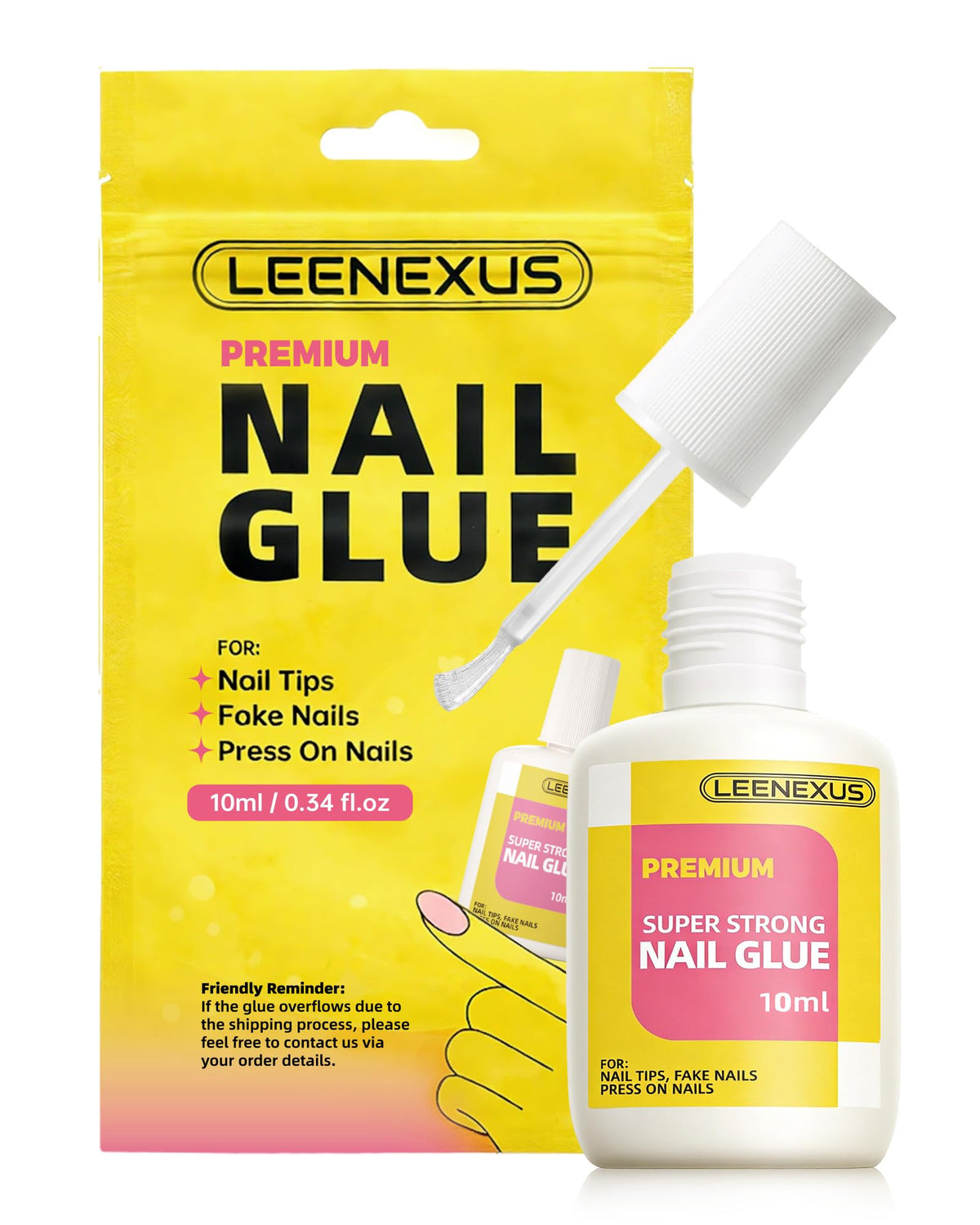 LEENEXUS super-strong nail glue bottle close-up showing secure hold promise