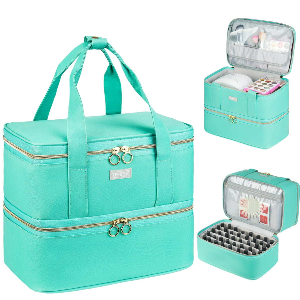 LEFOR·Z mint green nail polish organizer front view with double-layer storage for bottles.