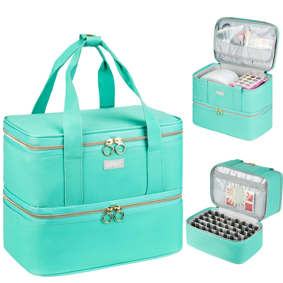 LEFOR·Z mint green nail polish organizer front view with double-layer storage for bottles.